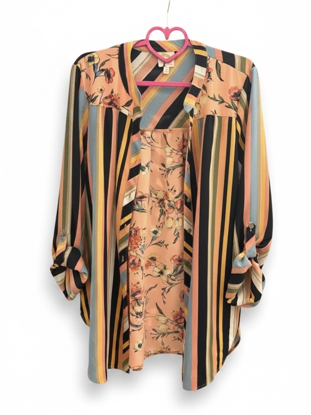 Fig & Flower XL Mixed Print Button Down Blouse Floral Stripe Boho Top